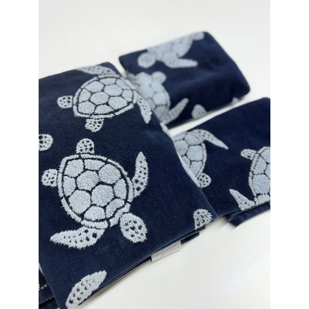 Caro Home Towel Set Navy Blue Sea Turtle Coastal Nautical Bathroom Decor 4 Piece